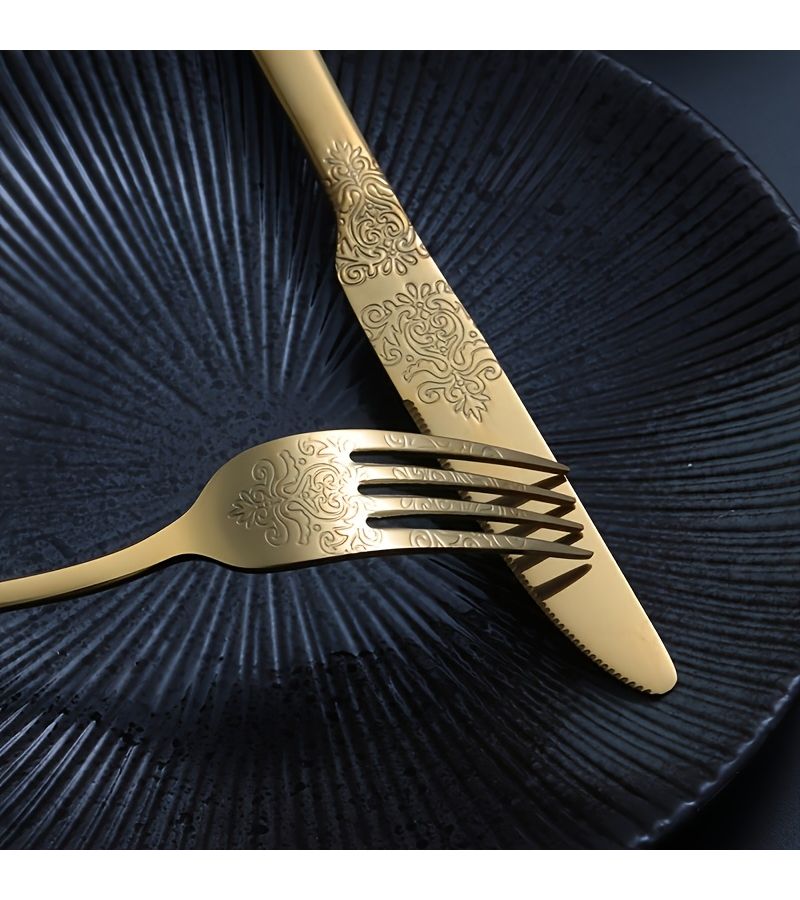 60 Pieces Stainless Steel Flatware Set Golden Plated Knives Forks Spoons Dessert Forks Dishwasher Safe Double Sided Engraving For Home Restaurant Banquet Hotel Dinner Wedding Christmas Graduation Gift - Image 5