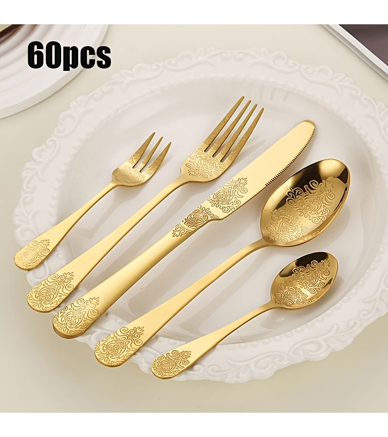 60 Pieces Stainless Steel Flatware Set Golden Plated Knives Forks Spoons Dessert Forks Dishwasher Safe Double Sided Engraving For Home Restaurant Banquet Hotel Dinner Wedding Christmas Graduation Gift - Image 1