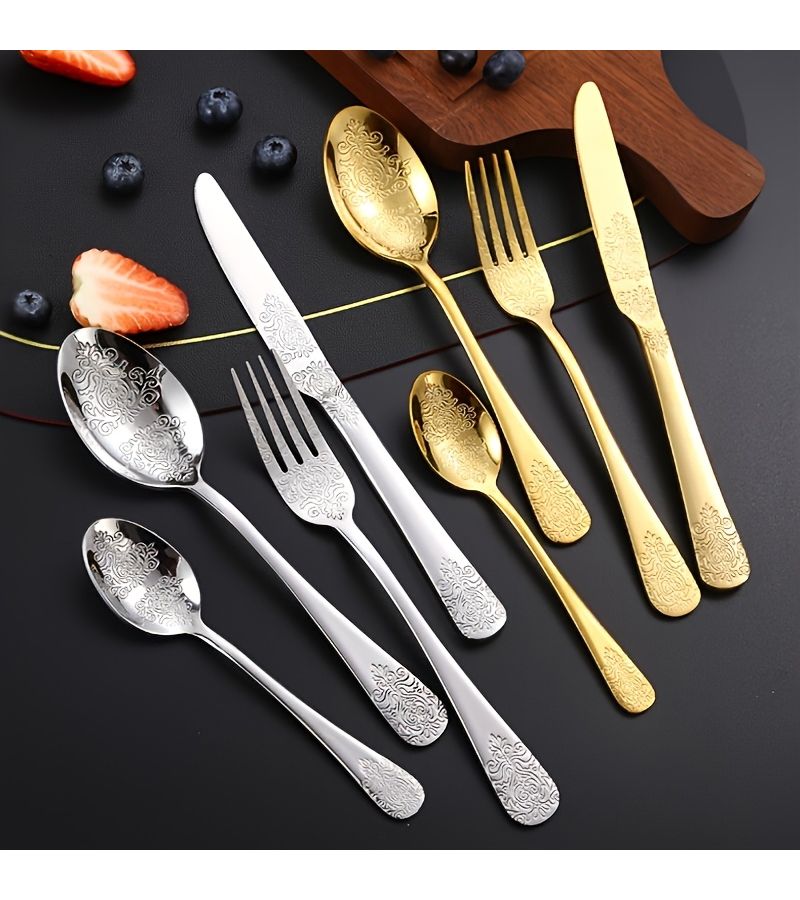 60 Pieces Stainless Steel Flatware Set Golden Plated Knives Forks Spoons Dessert Forks Dishwasher Safe Double Sided Engraving For Home Restaurant Banquet Hotel Dinner Wedding Christmas Graduation Gift - Image 4