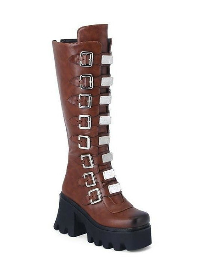 Loquat Women's Punk Thick Soled Buckle Knee High Boots Round toe Platform Booties Brown 