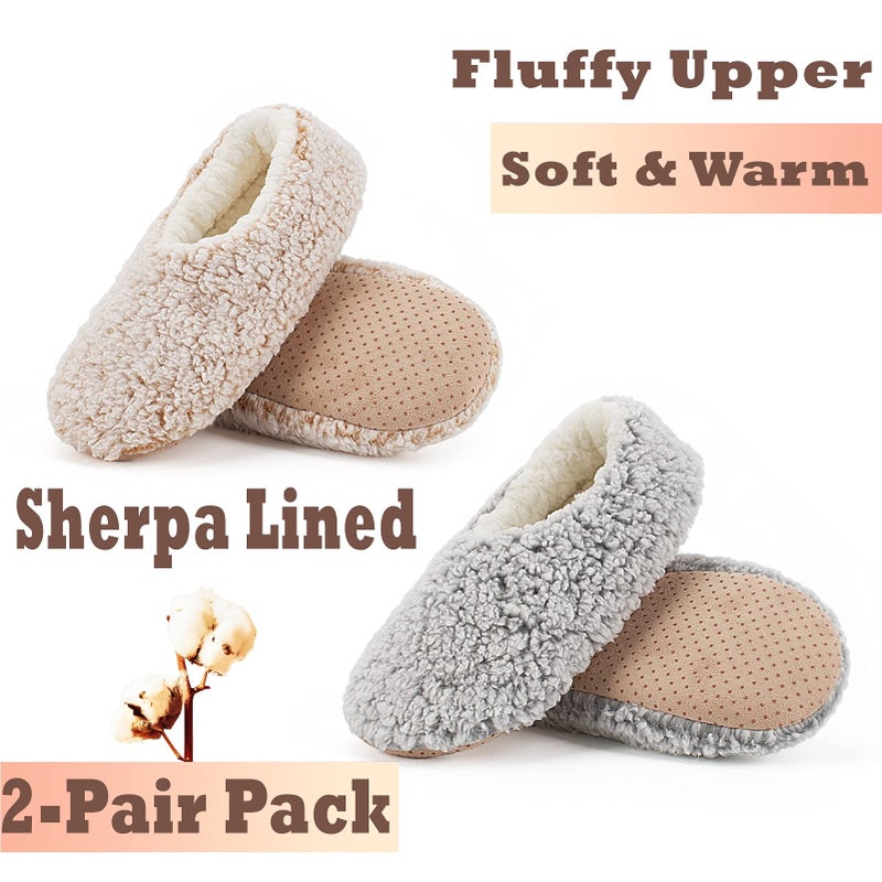 Cozylook 2-pair Women's Soft Sole Slipper Socks with Grippers, Thick Warm Cozy Sherpa Lined Home Socks Set, Cable Knitted Non-slip Fluffy Winter House Bedroom Slippers GRAY+TAUPE M 7-8 - Image 4