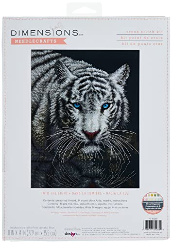 Dimensions 7035289 Into The Light White Tiger Embroidery Cross Stitch Kit 11 x 14 14 Count Black Aida - Image 1