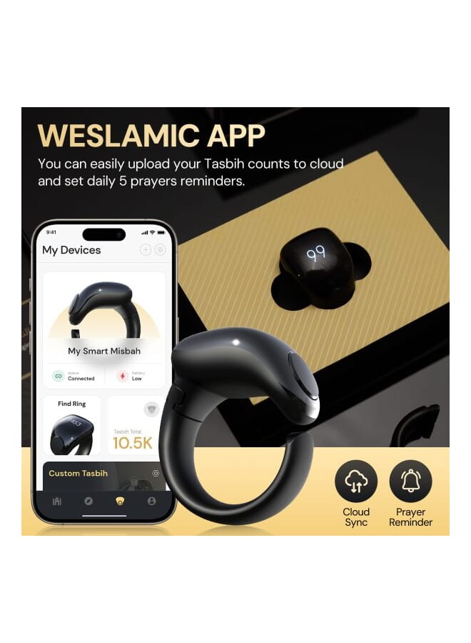 سلام خاتم التسبيح الذكي للتذكير بأوقات الصلاة الإلكتروني مقاوم للماء مع شاحن مغناطيسي أسود (مقاس 20) - Image 4