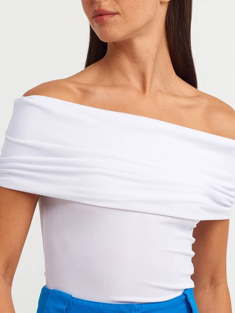 Dilvin Dilvin Off-Shoulder Ribbed Slim-Fit Blouse