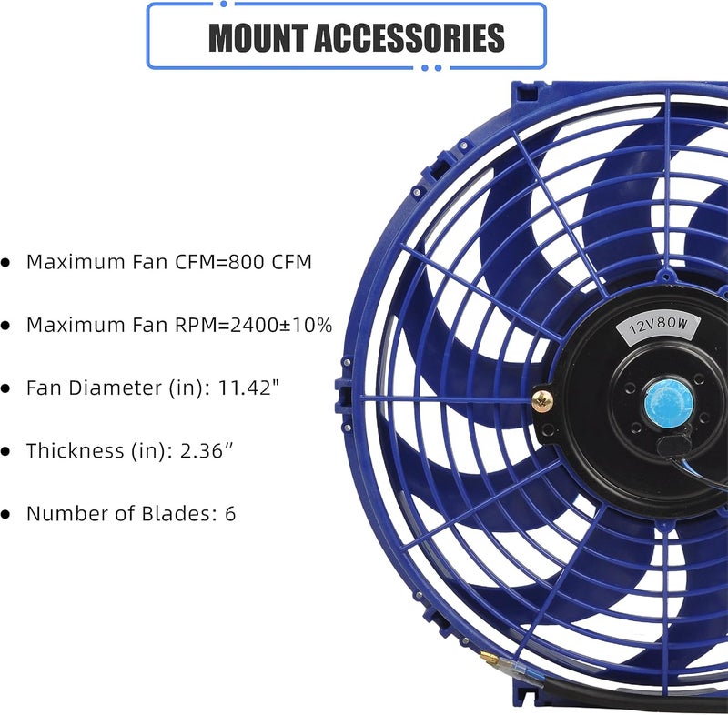 GESEXI 12 Inch Slim Fan Push Pull Electric Radiator Cooling Fan Universal High Performance 12V 80W Motor with Fan Mounting Kit (Blue) - Image 2