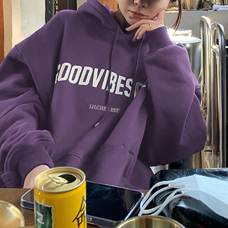fleece-lined Hooded Sweatshirt Womens Autumn and Winter New Loose Letter Printing Korean Style Fashion Students Coat Long Sleeve Top Trendy 34 deep purple - Image 1