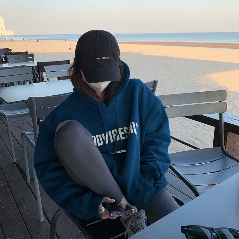 fleece-lined Hooded Sweatshirt Womens Autumn and Winter New Loose Letter Printing Korean Style Fashion Students Coat Long Sleeve Top Trendy 34 deep purple - Image 4