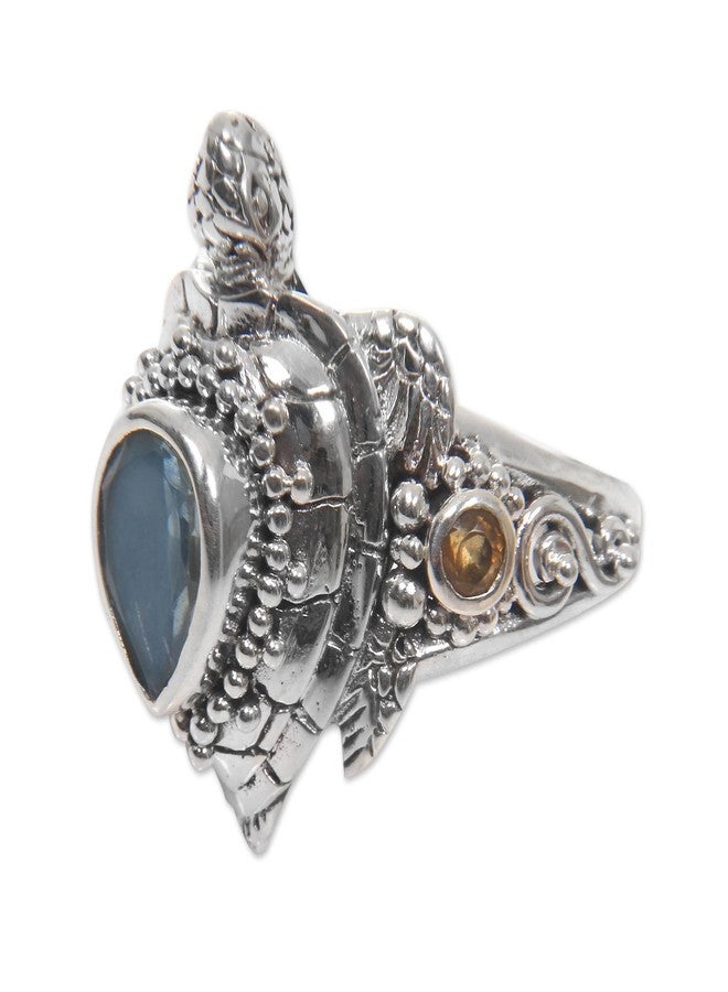 NOVICA Artisan Handmade Multi Gemstone Cocktail Ring Turtle Theme from Bali Sterling Silver Citrine Blue Topaz Amethyst Multigem Multicolor Purple Yellow Domed Indonesia Serenity Animal Themed [ring ] - Image 1