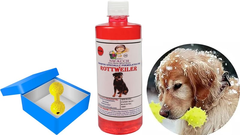 swacch Rottweiler Dog Shampoo + Dumbbell Toy I Durable Rubber Dog Toy for Chewing I Playing,Teeth Cleaning & Training Toy I Combo Pack I 500ml Strawberry - Image 1