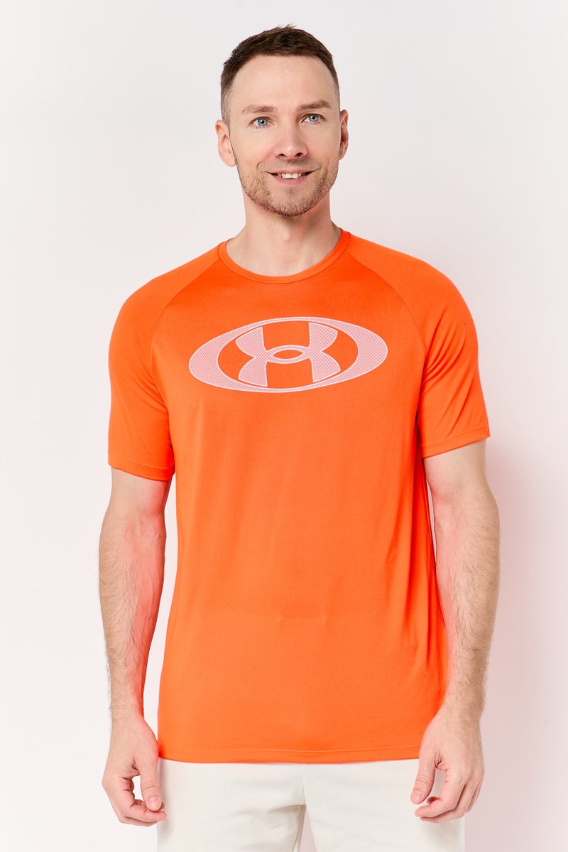 UNDER ARMOUR Men Loose Fit Short Sleeve Tech 2,0 Lockertag Training T-Shirt, Neon Orange - Image 1