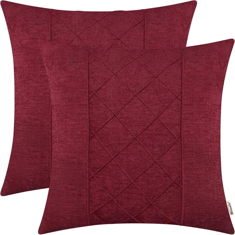 BRAWARM Throw Pillow Covers 20x20 Inches - Burgundy Pleated Chenille Pillow Covers, Pack of 2 Solid Dyed Soft Chenille Pillow Cases for Couch Sofa Bed Home Decoration - Image 1