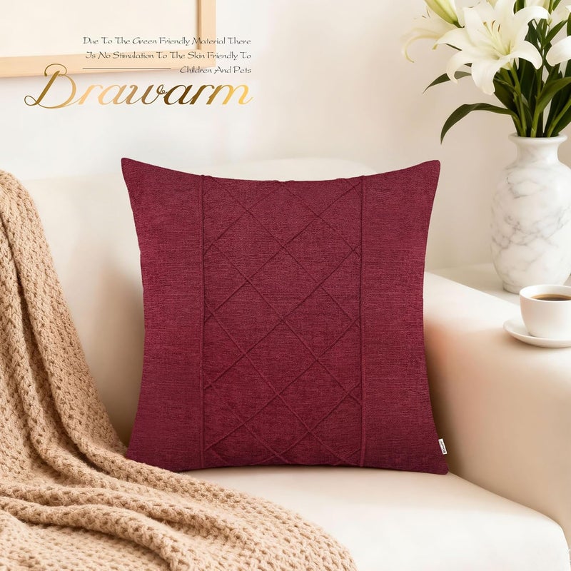 BRAWARM Throw Pillow Covers 20x20 Inches - Burgundy Pleated Chenille Pillow Covers, Pack of 2 Solid Dyed Soft Chenille Pillow Cases for Couch Sofa Bed Home Decoration - Image 2