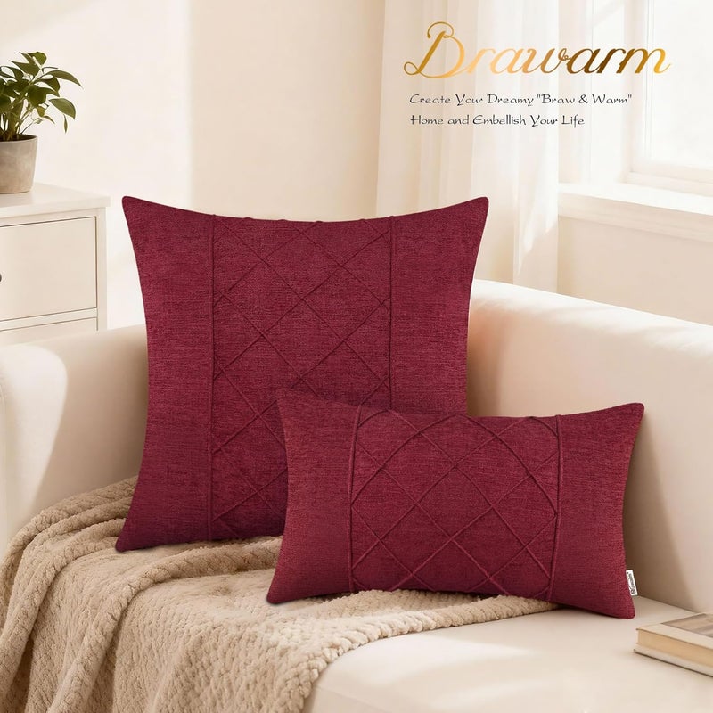 BRAWARM Throw Pillow Covers 20x20 Inches - Burgundy Pleated Chenille Pillow Covers, Pack of 2 Solid Dyed Soft Chenille Pillow Cases for Couch Sofa Bed Home Decoration - Image 3