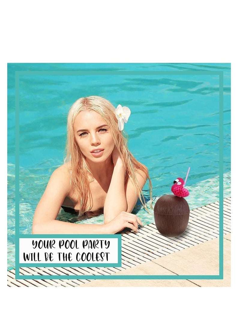 SYOSI 18 Pieces Coconut Cups with 18 Pieces of Plastic Colorful Hibiscus Straws for Hawaiian Luau Kids Party Summer Beach Party Tiki and Beach Theme Party Fun Drink or Decoration Cups - Image 3