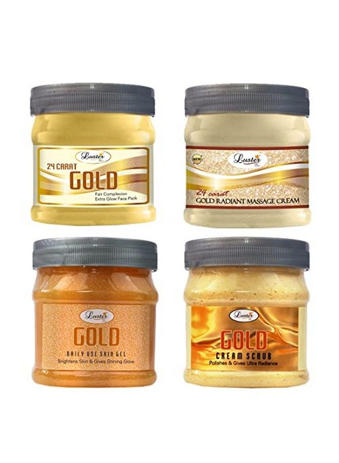 LUSTER مجموعة الوجه الذهبية | تساعد على تفتيح البشرة | مقشر الوجه الذهبي | كريم التدليك الذهبي | جل التدليك الذهبي | قناع الوجه الذهبي | مجموعة الوجه الذهبية للنساء والرجال | خالية من البارابين والكبريتات 500 مل (عبوة من 4 قطع). - Image 2