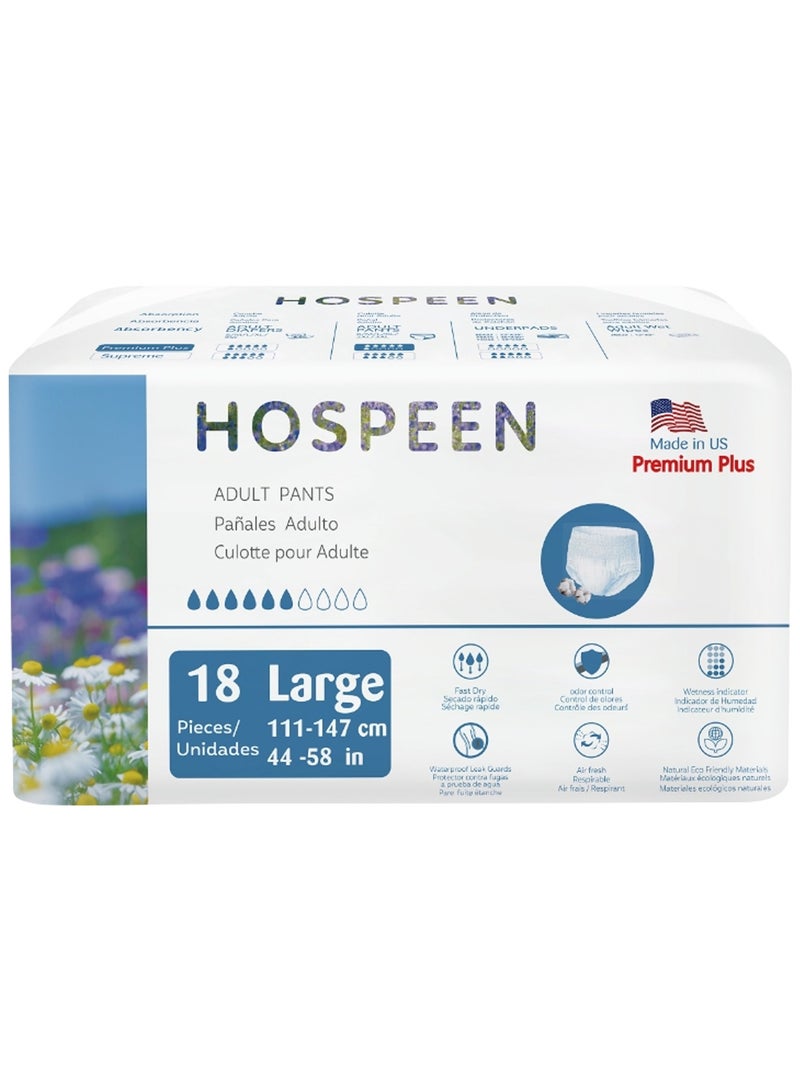 هوسبين حفاضات ناتين هوسبين بريميوم بلس للبالغين من سلس البول للنساء والرجال، مقاس كبير للبالغين، سراويل فترة الحيض للنساء. مقاس الخصر 112-147 سم، 18 قطعة من حفاضات نهارية للبالغين - Image 1