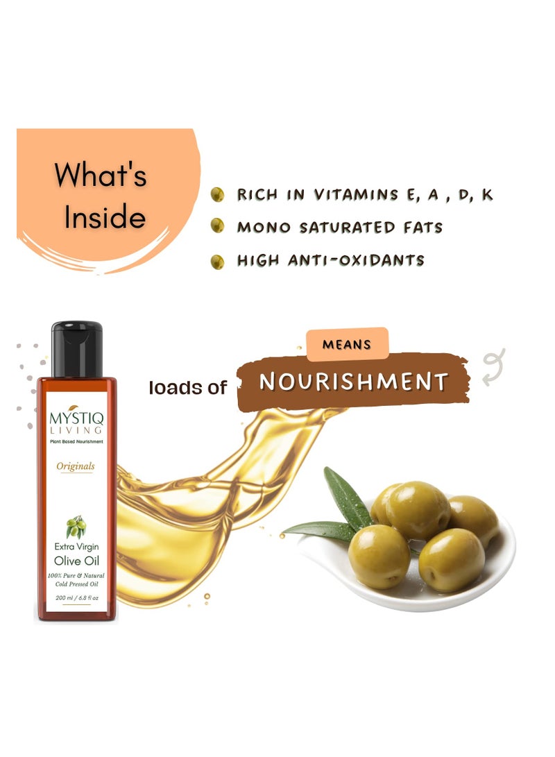 Mystiq Living Cold Pressed Extra Olive Oil for Hair Skin Face 100% Pure Natural 200 ML - Image 3