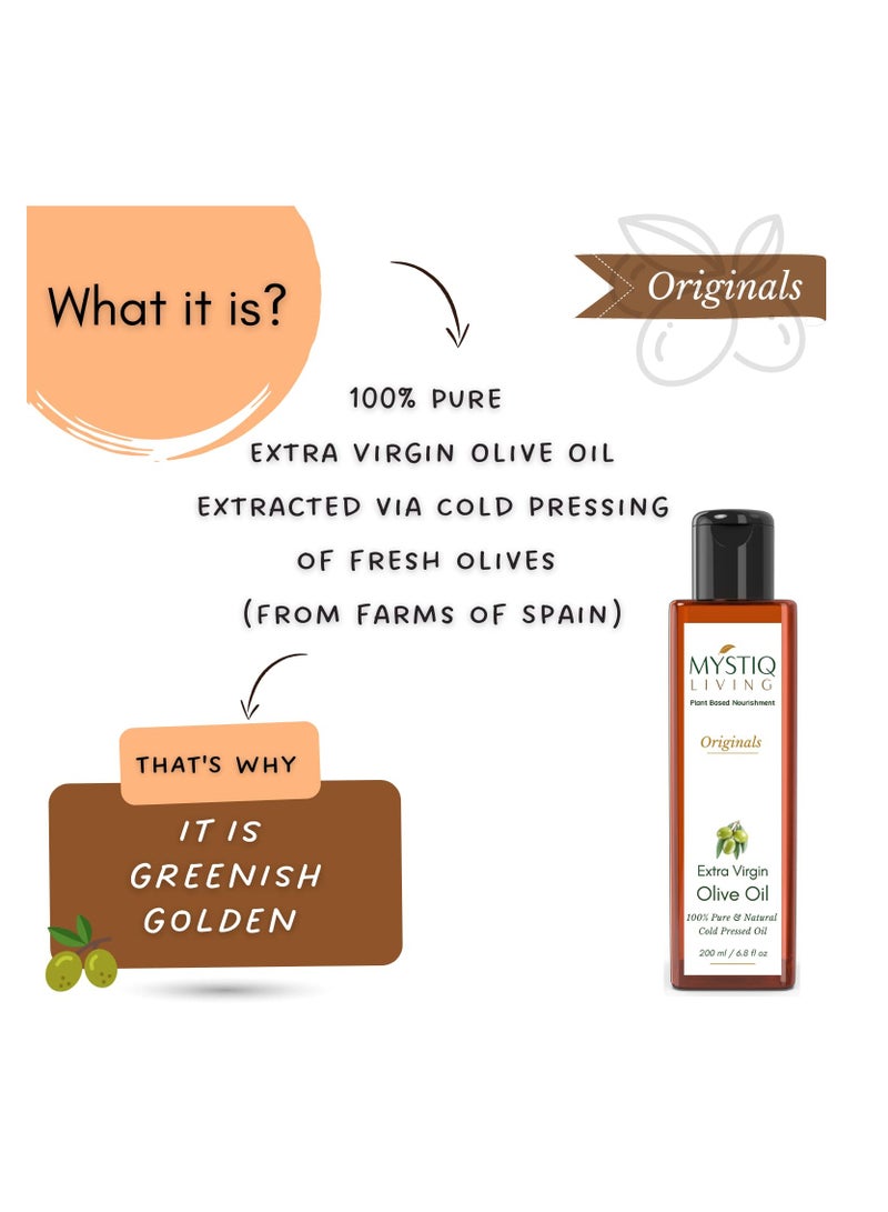 Mystiq Living Cold Pressed Extra Olive Oil for Hair Skin Face 100% Pure Natural 200 ML - Image 2
