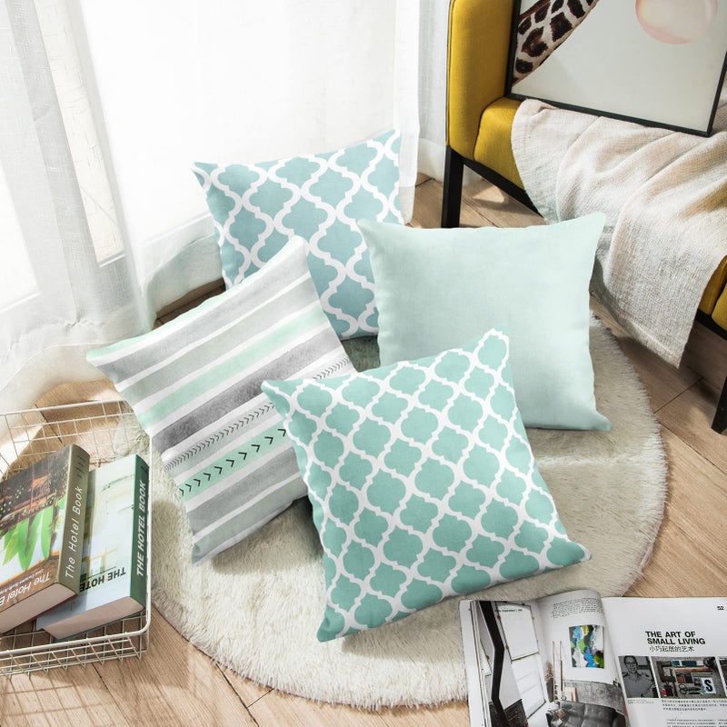 Emvency Set of 4 Throw Pillow Covers Mint Moroccan Green Quatrefoil Gray Watercolour Stripes Arrows Generic Solid Decorative Bedroom Pillow Cases Home Decor Square 16x16 Inches Pillowcases - Image 4