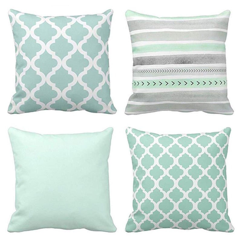 Emvency Set of 4 Throw Pillow Covers Mint Moroccan Green Quatrefoil Gray Watercolour Stripes Arrows Generic Solid Decorative Bedroom Pillow Cases Home Decor Square 16x16 Inches Pillowcases - Image 1