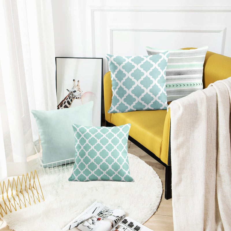 Emvency Set of 4 Throw Pillow Covers Mint Moroccan Green Quatrefoil Gray Watercolour Stripes Arrows Generic Solid Decorative Bedroom Pillow Cases Home Decor Square 16x16 Inches Pillowcases - Image 2