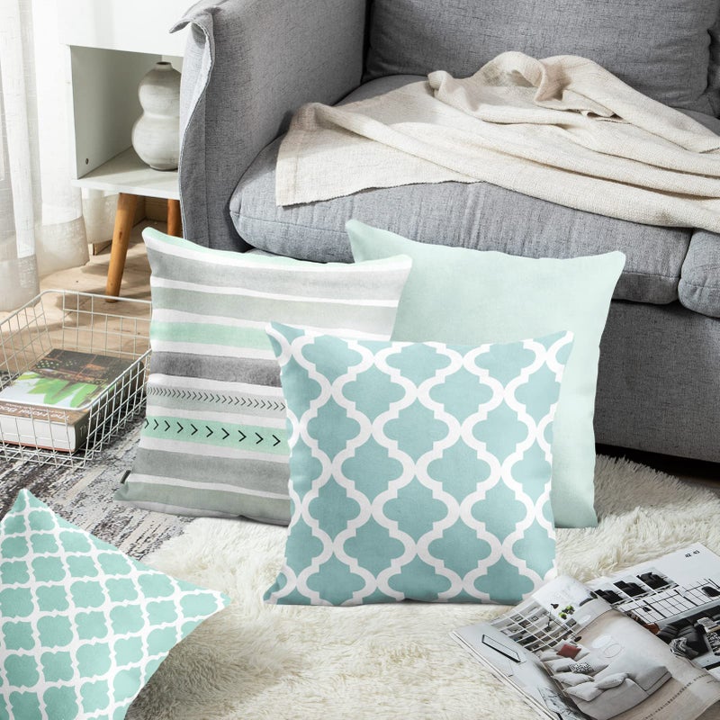 Emvency Set of 4 Throw Pillow Covers Mint Moroccan Green Quatrefoil Gray Watercolour Stripes Arrows Generic Solid Decorative Bedroom Pillow Cases Home Decor Square 16x16 Inches Pillowcases - Image 5