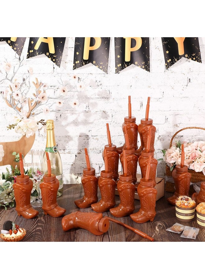 Hoolerry Hoolerry 24 Pcs Cowboy Boot Party Plastic Cups with Straws and Lids 10 Ounces Plastic Cowboy Cups for Western Themed Party Supplies and Rodeo Party Decorations (Brown)  - Image 4
