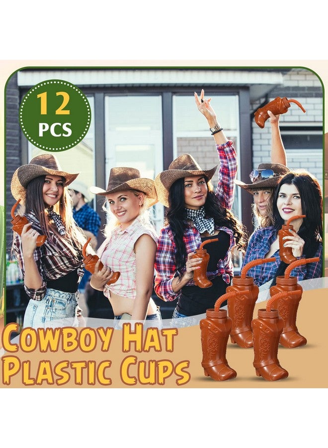 Hoolerry Hoolerry 24 Pcs Cowboy Boot Party Plastic Cups with Straws and Lids 10 Ounces Plastic Cowboy Cups for Western Themed Party Supplies and Rodeo Party Decorations (Brown)  - Image 5