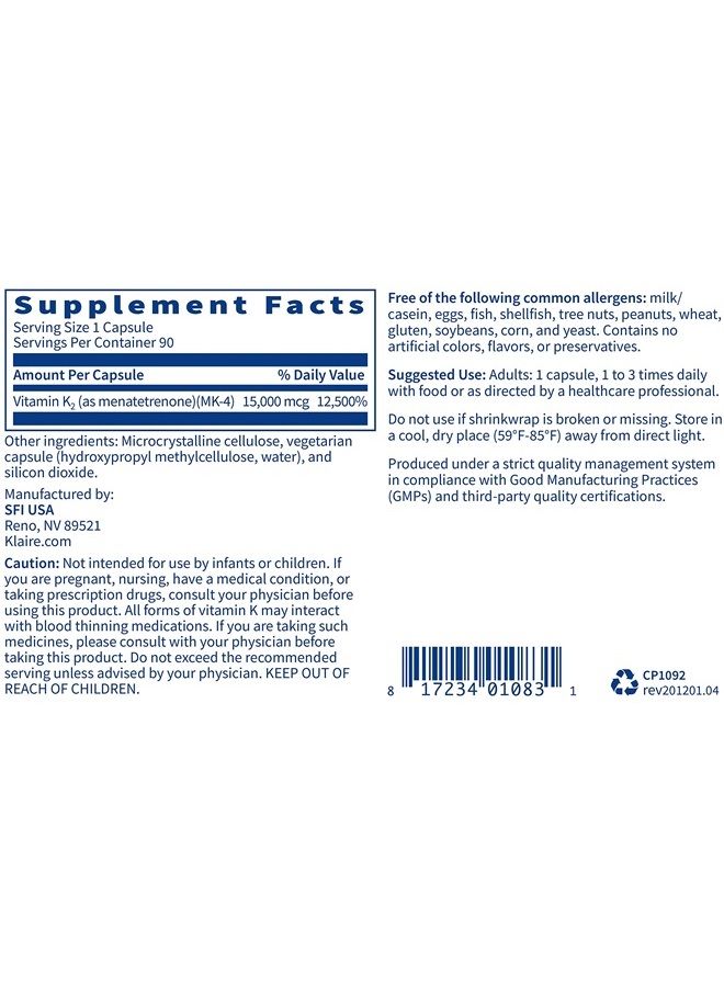 Klaire Labs Ultra K2 MK4 15000mcg - Vitamin K2 Supplement to Support Bone & Cardiovascular Health - 15mg K2 Vitamins for Men & Women - Hypoallergenic Vitamin K as Menatetrenone (90 Capsules) - Image 4