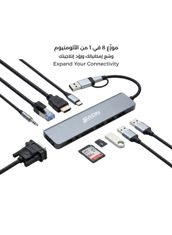 Sadn 8-in-1 USB-C Hub & Docking Station, Dual Connector (USB-C + USB-A Adapter), 4K HDMI, VGA, Gigabit Ethernet, 2x USB 3.0, SD/TF Card Reader, 100W PD Charging Port, Aluminum - Grey - Image 4