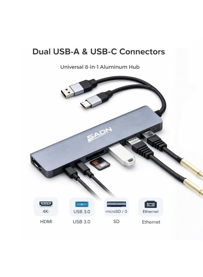Sadn 8-in-1 USB-C Hub & Docking Station, Dual Connector (USB-C + USB-A Adapter), 4K HDMI, VGA, Gigabit Ethernet, 2x USB 3.0, SD/TF Card Reader, 100W PD Charging Port, Aluminum - Grey - Image 5