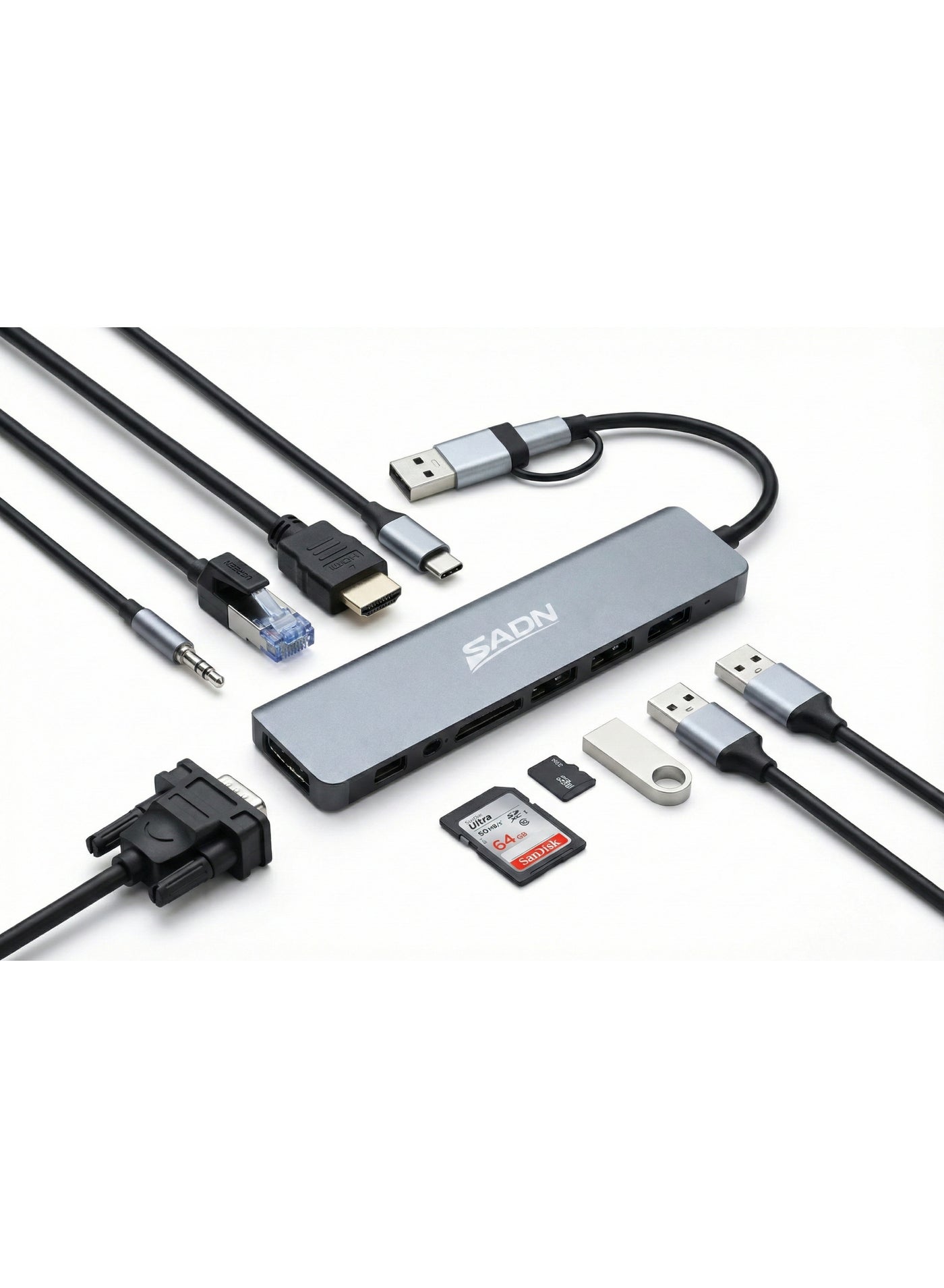 8-in-1 USB-C Hub & Docking Station, Dual Connector (USB-C + USB-A Adapter), 4K HDMI, VGA, Gigabit Ethernet, 2x USB 3.0, SD/TF Card Reader, 100W PD Charging Port, Aluminum - Grey