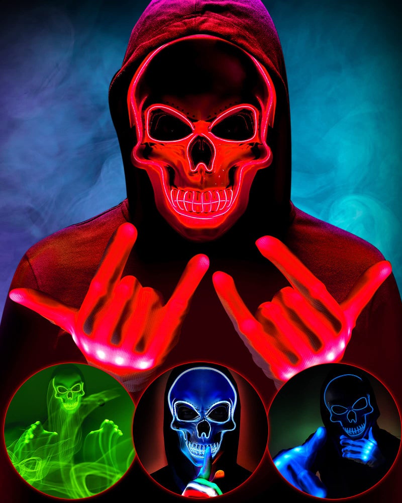 Sumind Halloween LED Mask Scary LED Skeleton Hacker Glow in the Dark Mask for Halloween Costume PartyRed - Image 2