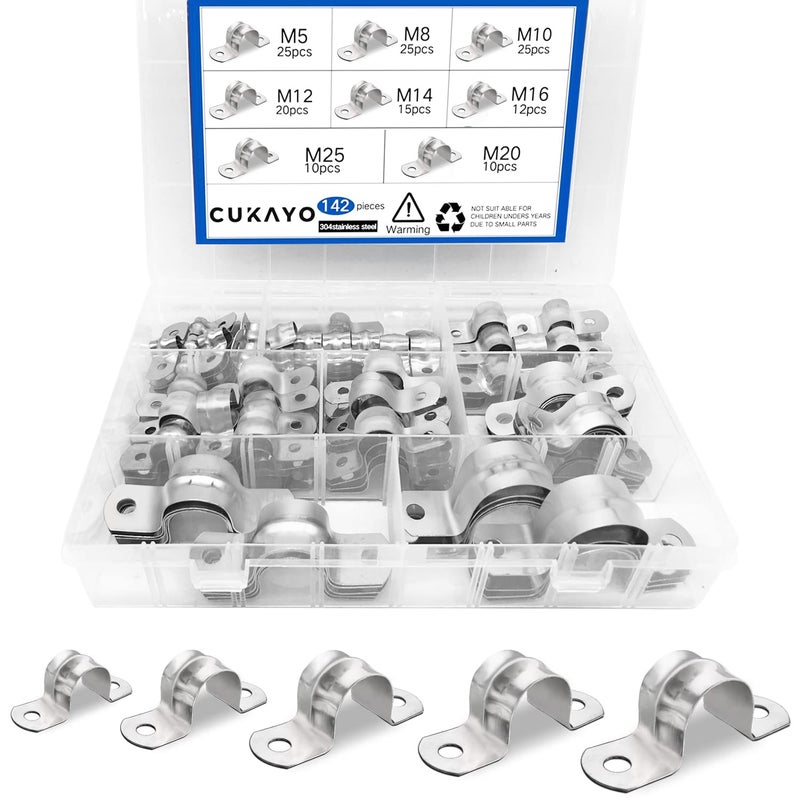CUKAYO 142 Pcs Pipe Strap Clamp Assortment Kit 304 Stainless Steel 2 Holes Rigid Pipe Strap U Braket Tube Pipe Strap Clamp