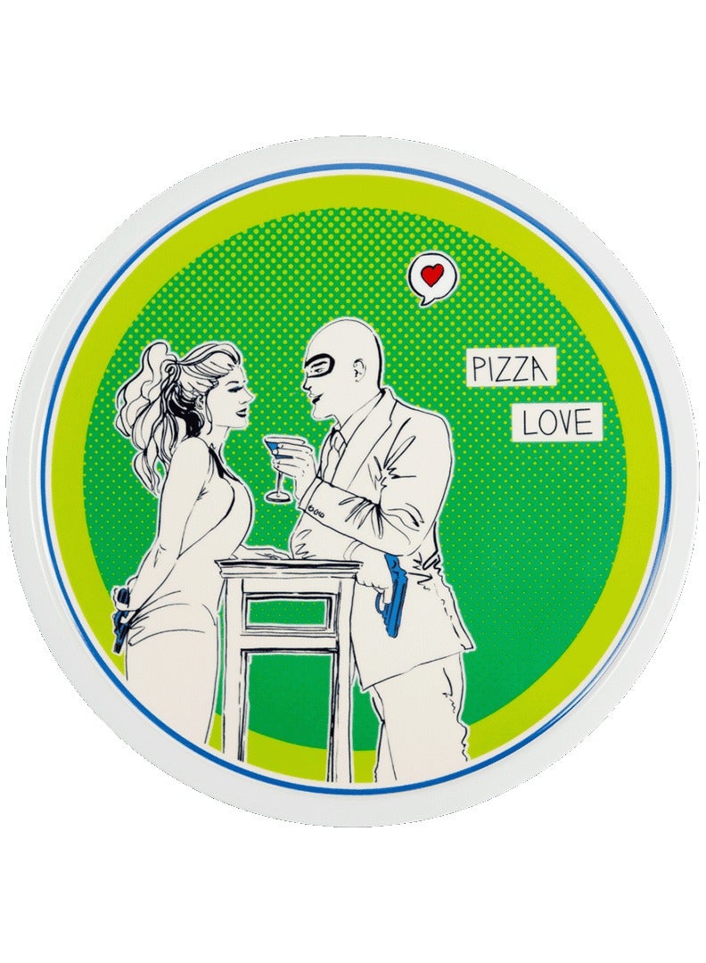 Baci milano Pizza Plate 33.5 cm – Porcelain – “Pizza Love” Green Pop Art Design – Unique Comic Dinner Plate for Kitchen or Gift  - Image 1