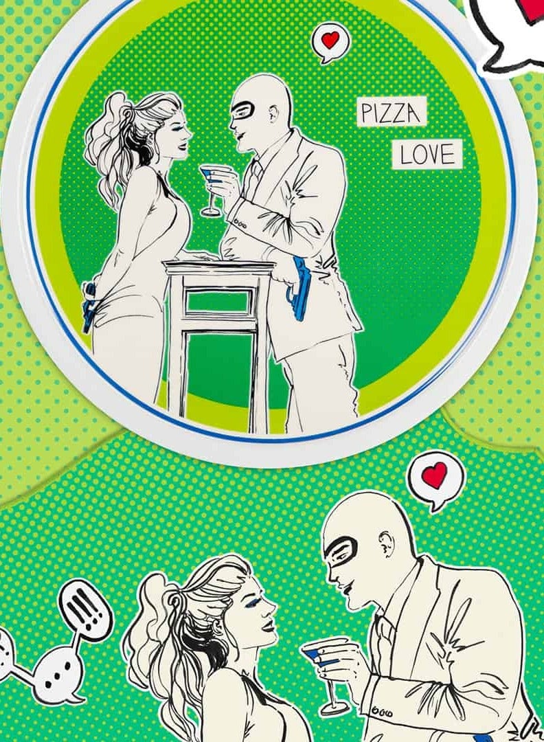 Baci milano Pizza Plate 33.5 cm – Porcelain – “Pizza Love” Green Pop Art Design – Unique Comic Dinner Plate for Kitchen or Gift  - Image 2