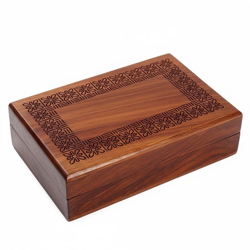 RGrandsons Handmade Wooden Keepsake Storage Box Jewelry Trinket Holder Organizer Floral Hand Carvings with Brass Inlay 8 inch (8.0x5.0 inch_RG0112) - Image 5