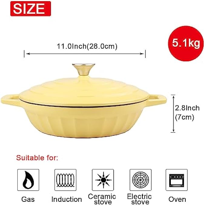 rayihni Enameled Cast Iron Dutch Oven Shallow Casserole Braiser Pan Healthy And Safe NonStick Cookware 28Cm11Inch  Yellow - Image 3