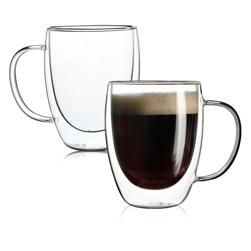 Aurzen 2 Pack Double Walled Glass Coffee Mugs with Handles, Large Insulated Layer Coffee Cups, 12oz Clear Borosilicate Mugs, Perfect for Cappuccino, Tea, Microwave Safe - Image 1
