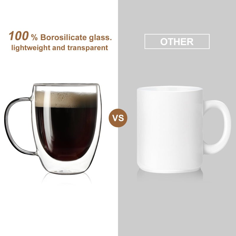 Aurzen 2 Pack Double Walled Glass Coffee Mugs with Handles, Large Insulated Layer Coffee Cups, 12oz Clear Borosilicate Mugs, Perfect for Cappuccino, Tea, Microwave Safe - Image 3