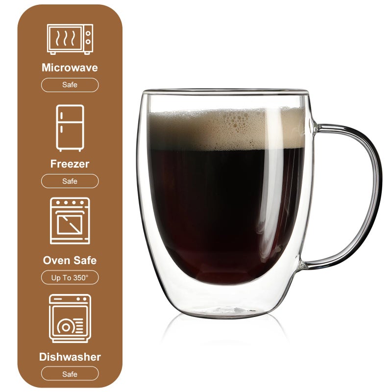 Aurzen 2 Pack Double Walled Glass Coffee Mugs with Handles, Large Insulated Layer Coffee Cups, 12oz Clear Borosilicate Mugs, Perfect for Cappuccino, Tea, Microwave Safe - Image 5