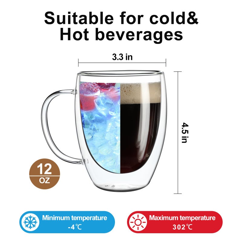 Aurzen 2 Pack Double Walled Glass Coffee Mugs with Handles, Large Insulated Layer Coffee Cups, 12oz Clear Borosilicate Mugs, Perfect for Cappuccino, Tea, Microwave Safe - Image 2