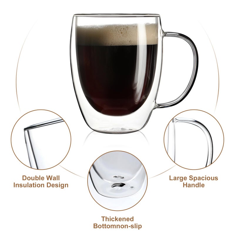 Aurzen 2 Pack Double Walled Glass Coffee Mugs with Handles, Large Insulated Layer Coffee Cups, 12oz Clear Borosilicate Mugs, Perfect for Cappuccino, Tea, Microwave Safe - Image 4