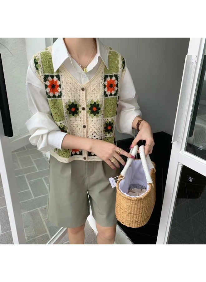Hong Kong-style Western-style Fashion Crochet Hollow Sleeveless Vest Women's Winter V-neck Loose Slim-fit Striped Top