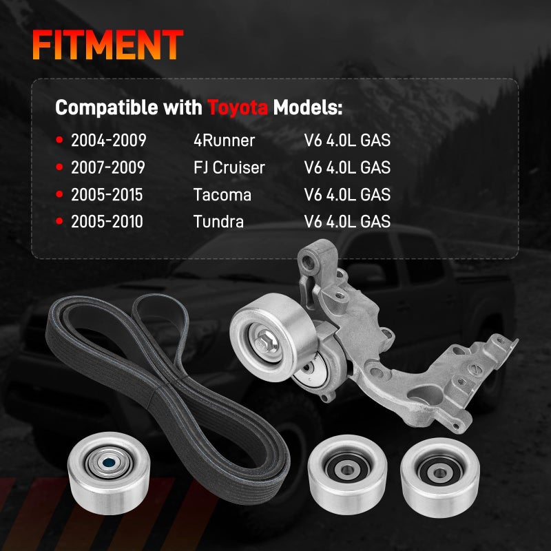 GDUKOP Engine Serpentine Belt Drive Tensioner & Idler Pulley Kit Compatible with Toyota 2005-2015 Tacoma, 2004-2009 4Runner, 2007-2009 FJ Cruiser, 2005-2010 Tundra Replaces# 1660331040 - Image 2