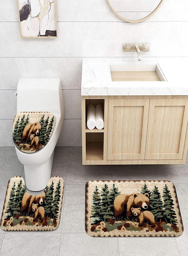 Hajmsug Bear Rug Mat Farmhouse Bathroom Mats Sets 3 Piece Animal Black Bear Forest Trees Rustic Cabin Carpet Camping Bath Rug Sets for Bathroom Bedroom Kitchen Outdoor Indoor Bathroom Rug and Toilet Lid Cover - Image 1