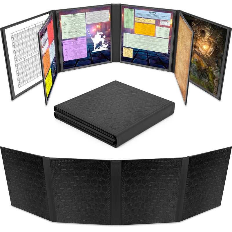 CASEMATIX DM Screen Faux Leather 8Panel Deluxe GM Screen Eight Panel Folding Dungeon Master Screen with 2 Swinging Panels and Wet Erase Pockets for TTRPGs Inserts Not Included Black - Image 4