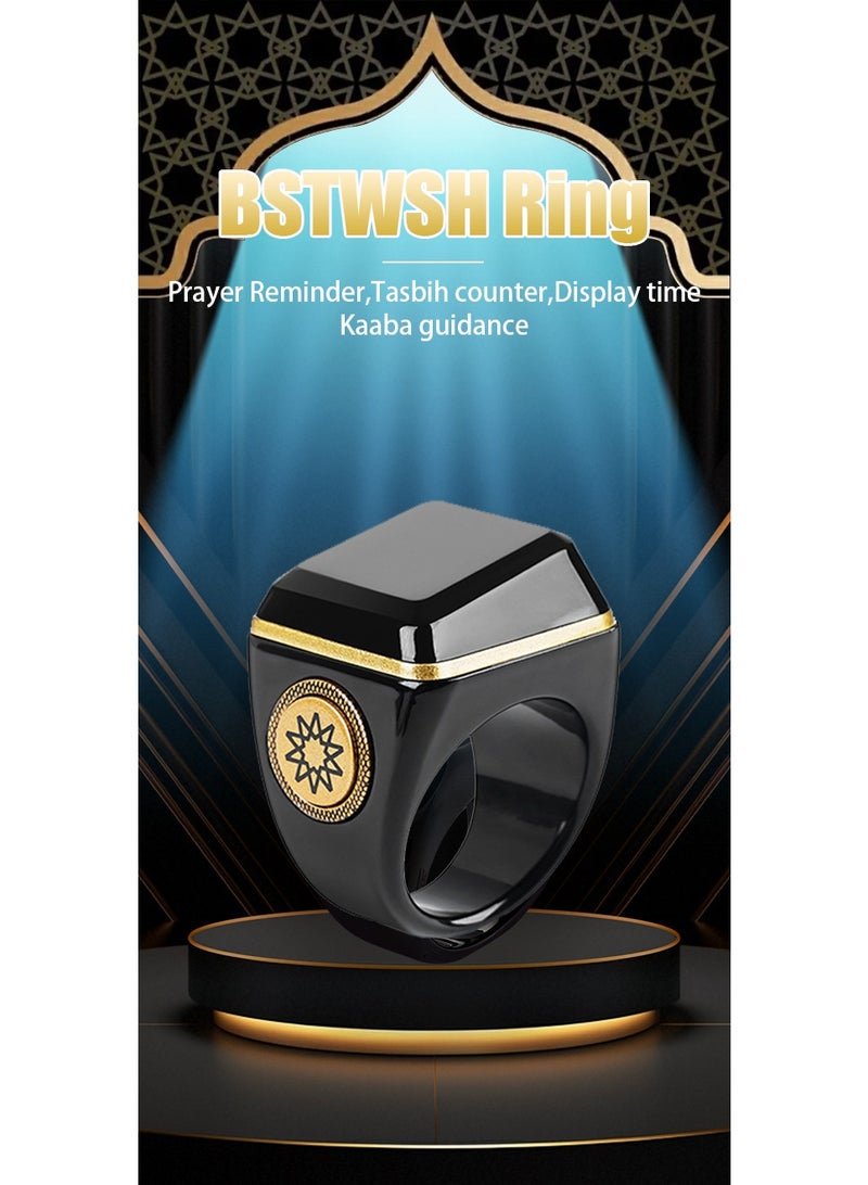 بستوش خاتم تسبيح ذكي للذكر والصلاة الإسلامية وتذكير بأوقات الصلاة وشاشة OLED وعداد تسبيح وتقنية قابلة للارتداء ومقاومة للماء باللون الأسود مقاس 18 مم - Image 1