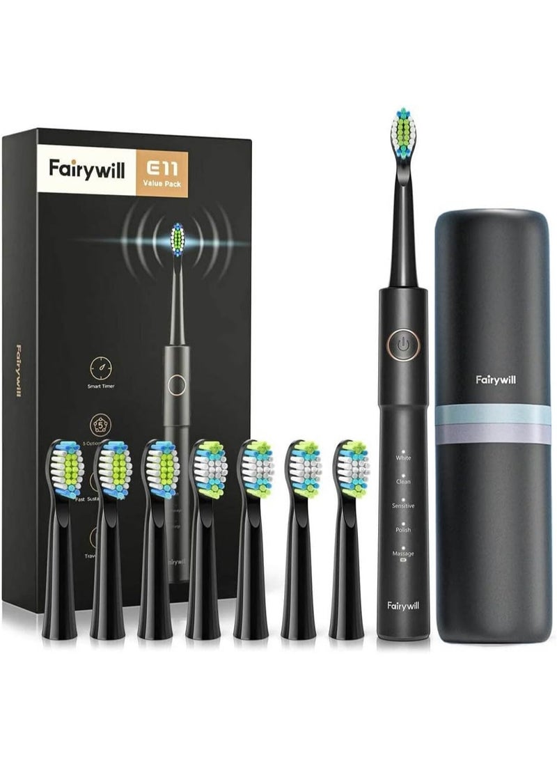 Fairywill Fairy Will E11 Sonic Electric Toothbrush with 8 Bursh Heads and Black Travel Case - Image 1