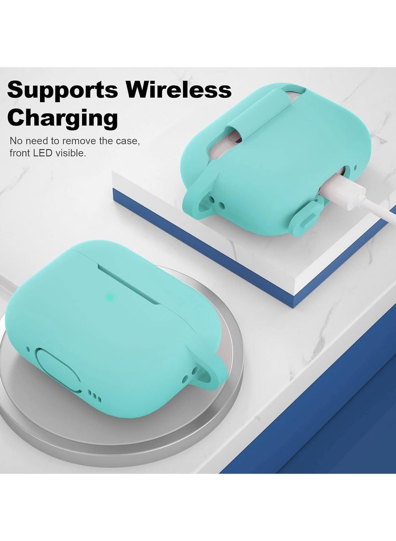 Full Body Protective Silicone Case Compatible with Apple AirPods Pro 2 2nd Generation Case Shockproof Cover with Carabiner Front LED Visible (Turqouise)